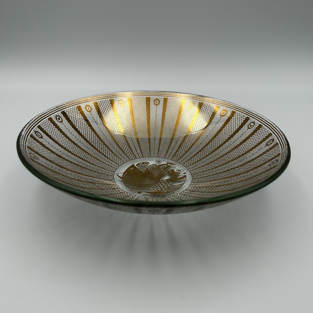 Vintage Georges Briard Signed Glass 7.5" Bowl Gold Fish Geometric Design MCM